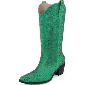 ⚡Women’s Green Rhinestone Cowboy Boots Mid Calf Pointed Toe Block Heel